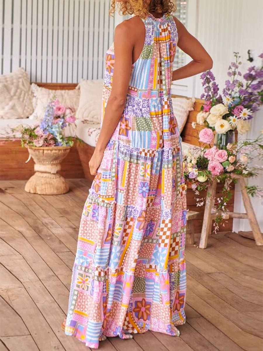 Floral Print Round Neck Casual Maxi Dress