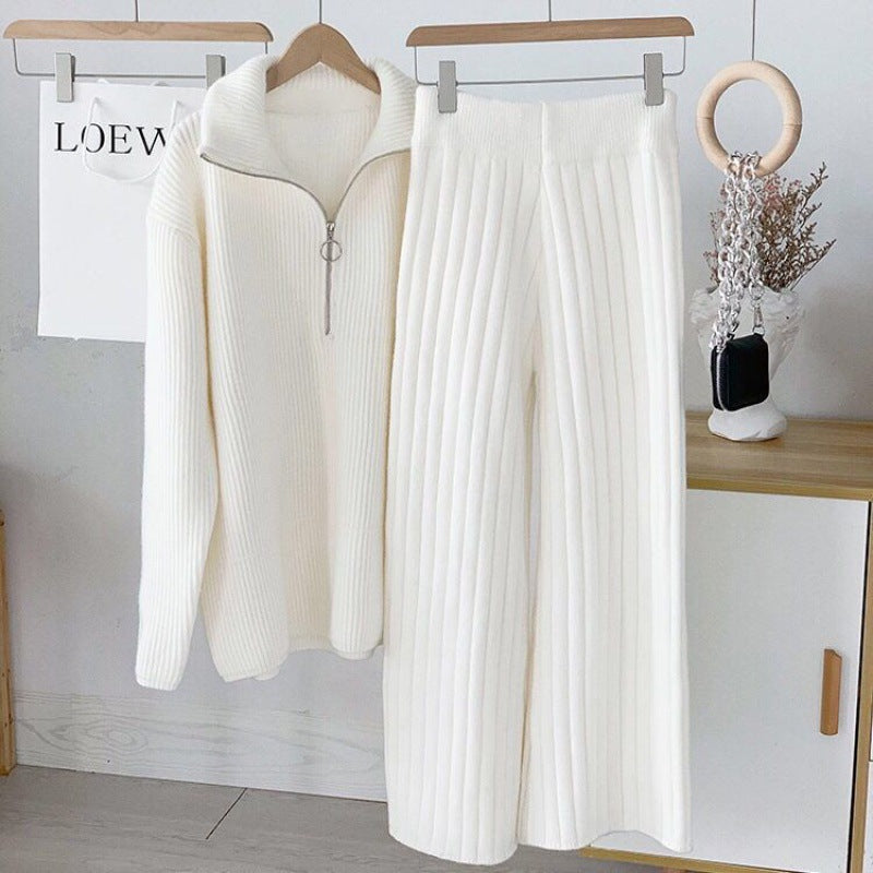 Knitted Pit Top Wide Leg Pants Suit