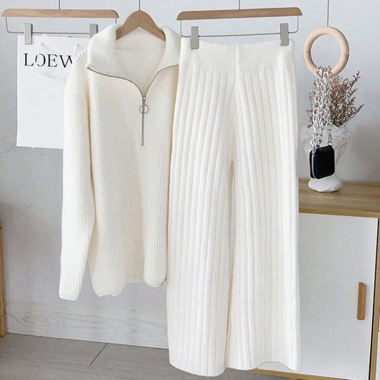 Knitted Pit Top Wide Leg Pants Suit