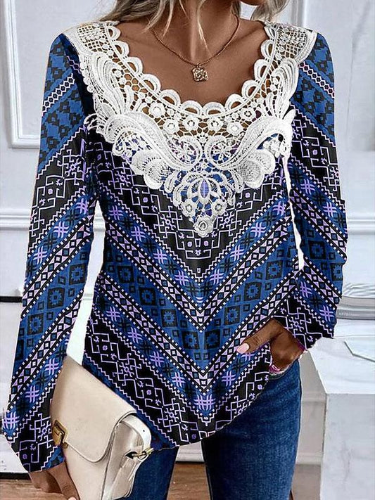Lace Retro Print Pullover T-shirt
