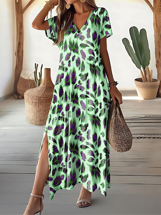 Leaf Print Slit Maxi Dress