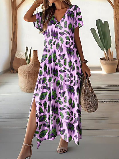 Leaf Print Slit Maxi Dress