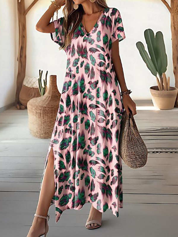 Leaf Print Slit Maxi Dress
