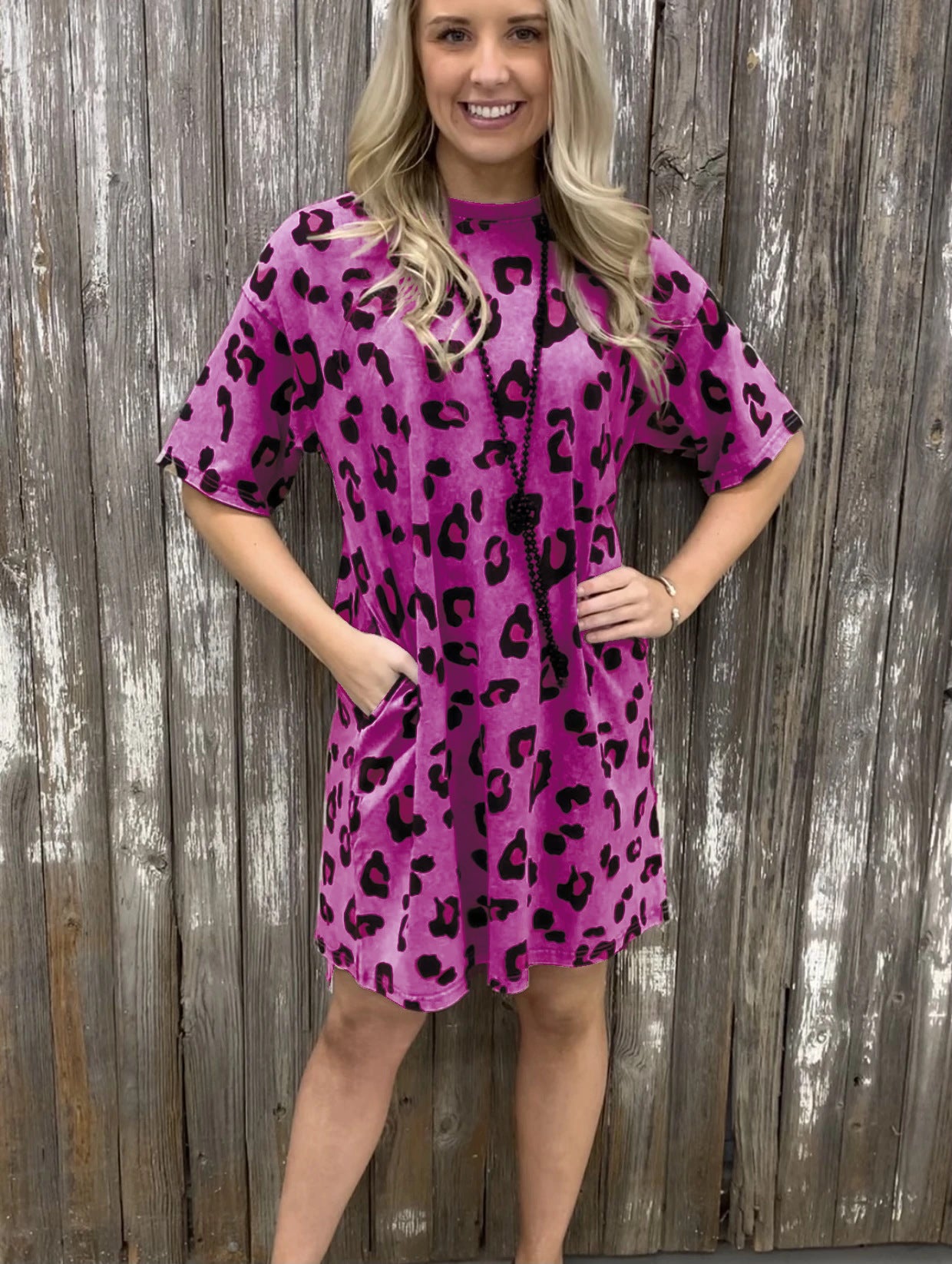 Leopard Print Round Neck Pockets Midi Dress