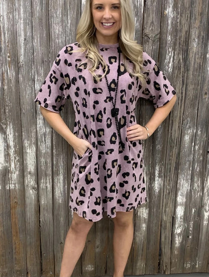 Leopard Print Round Neck Pockets Midi Dress