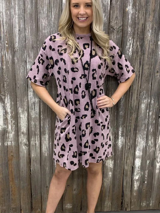 Leopard Print Round Neck Pockets Midi Dress