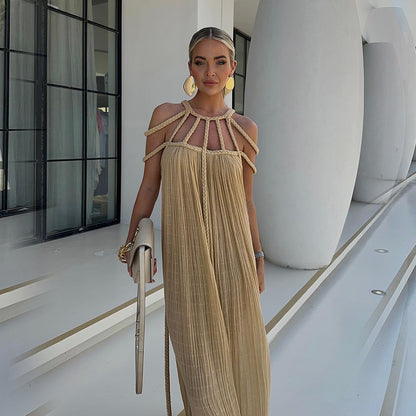 Modern and Sophisticated Linen Blend Draped Braids Cover Up Maxi Dress