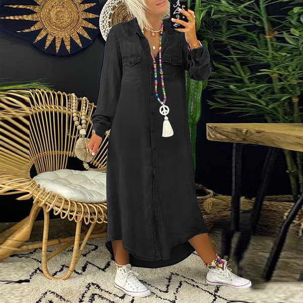 Shirt Collar Casual Denim Midi Dress