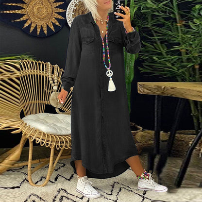 Shirt Collar Casual Denim Midi Dress