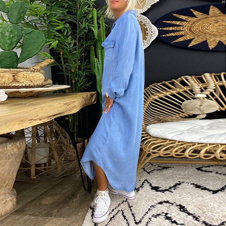 Shirt Collar Casual Denim Midi Dress