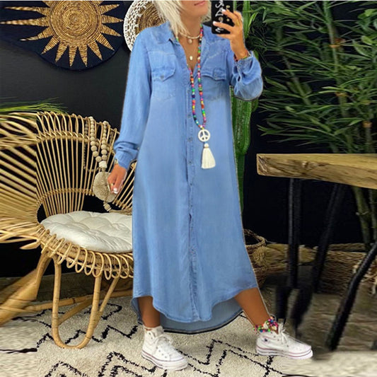 Shirt Collar Casual Denim Midi Dress