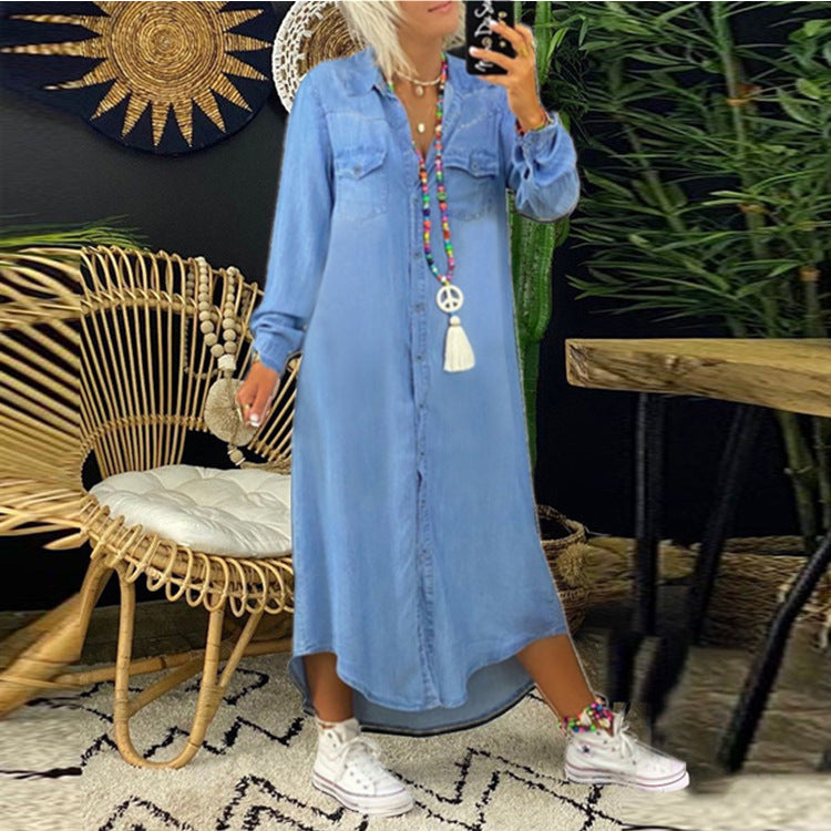 Shirt Collar Casual Denim Midi Dress