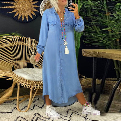 Shirt Collar Casual Denim Midi Dress