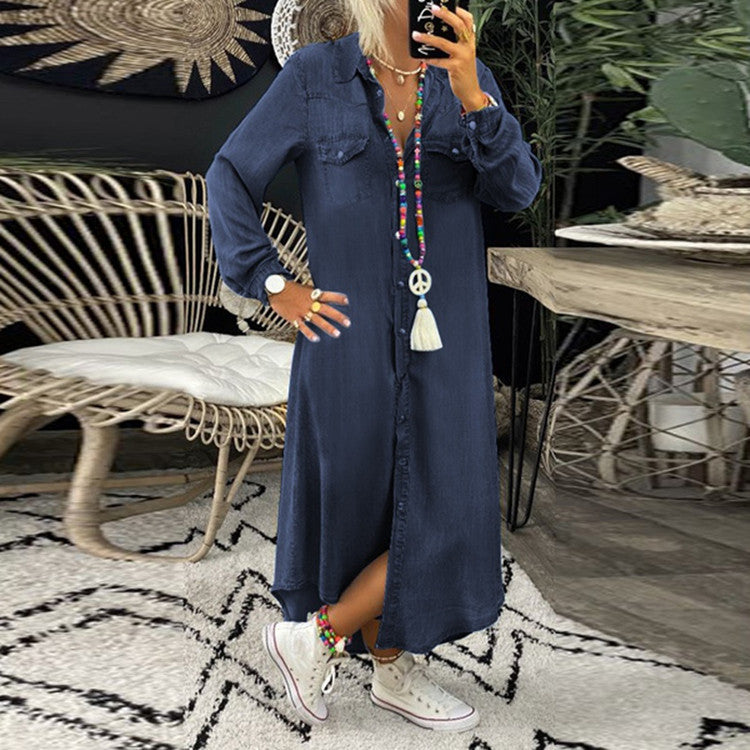 Shirt Collar Casual Denim Midi Dress