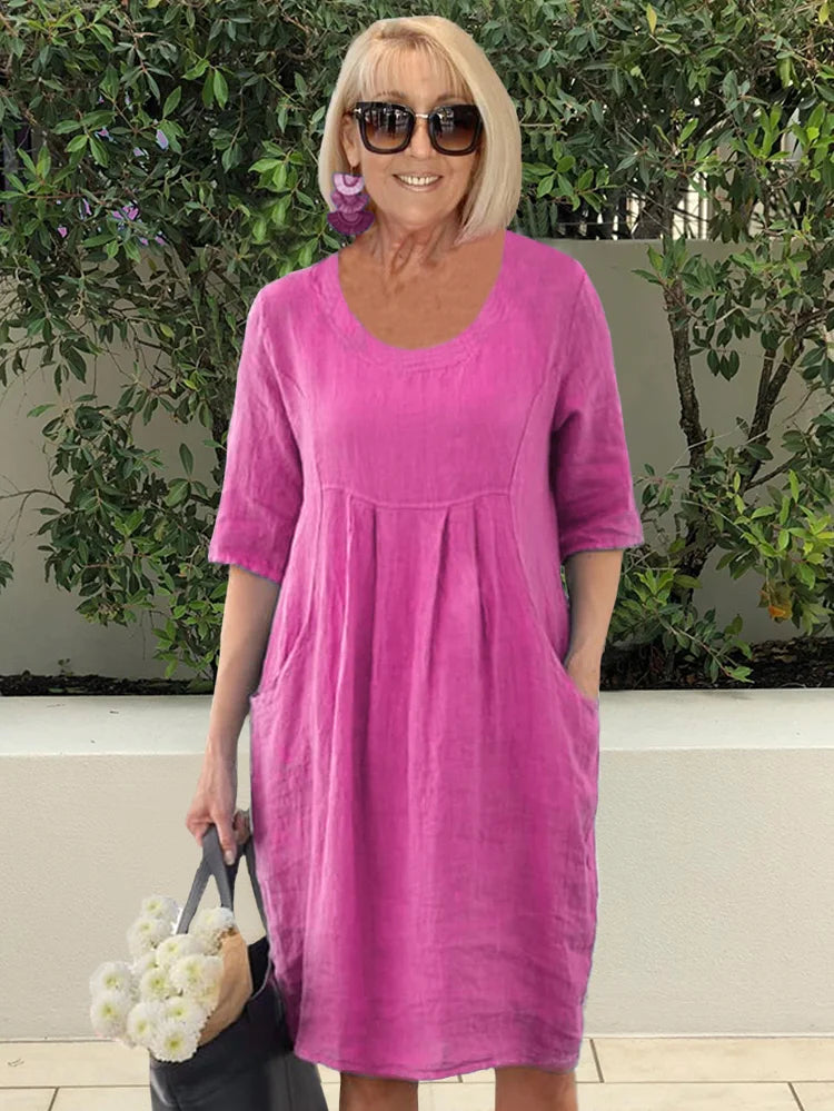 Solid Color Cotton Linen Pockets Tunic Midi Dress