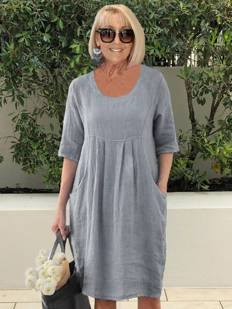 Solid Color Cotton Linen Pockets Tunic Midi Dress