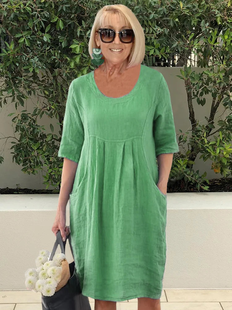 Solid Color Cotton Linen Pockets Tunic Midi Dress