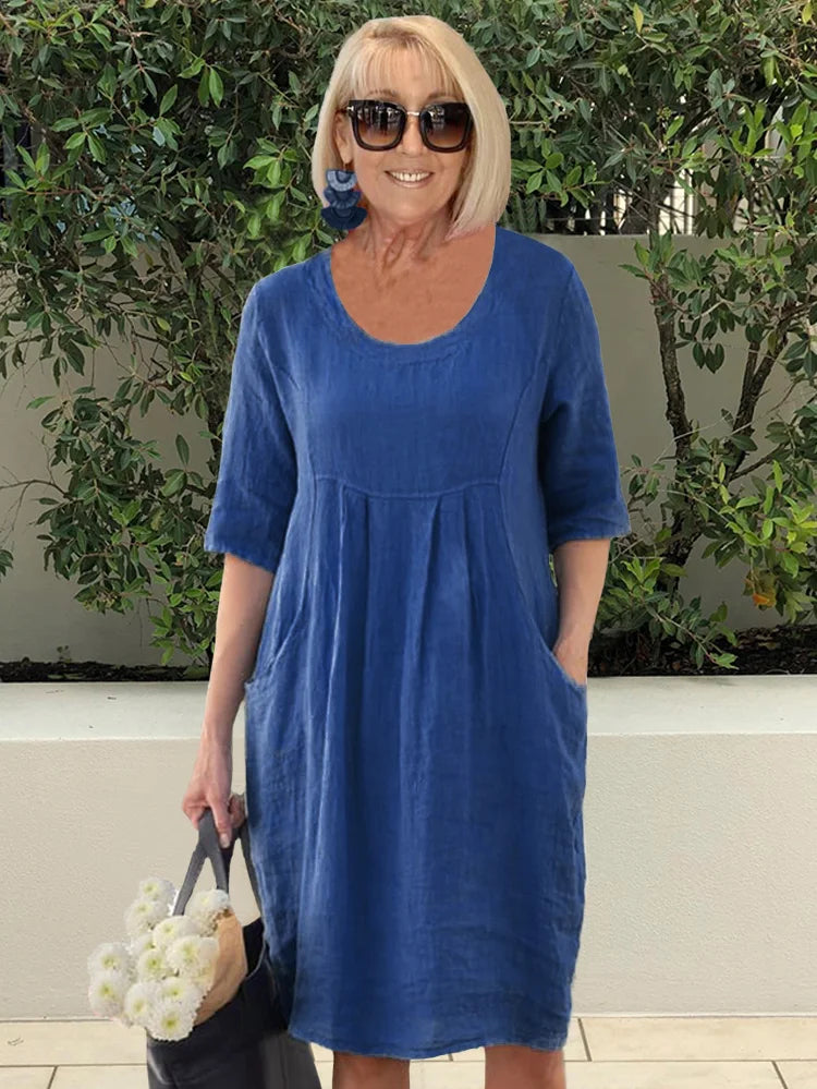 Solid Color Cotton Linen Pockets Tunic Midi Dress