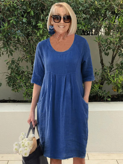 Solid Color Cotton Linen Pockets Tunic Midi Dress