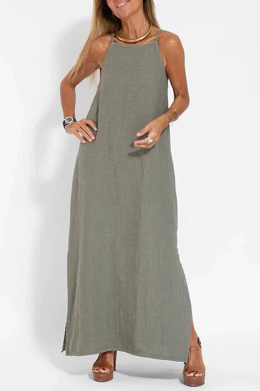 Solid Color Halter Sleeveless Linen Maxi Dress