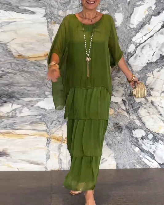 Solid Color Round Neck Bat Sleeve Maxi Dress