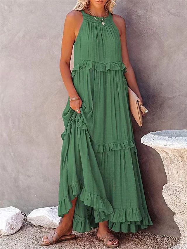 Solid Color Sleeveless Suspenders Mopping Maxi Dress