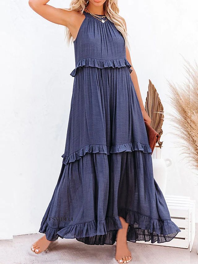 Solid Color Sleeveless Suspenders Mopping Maxi Dress