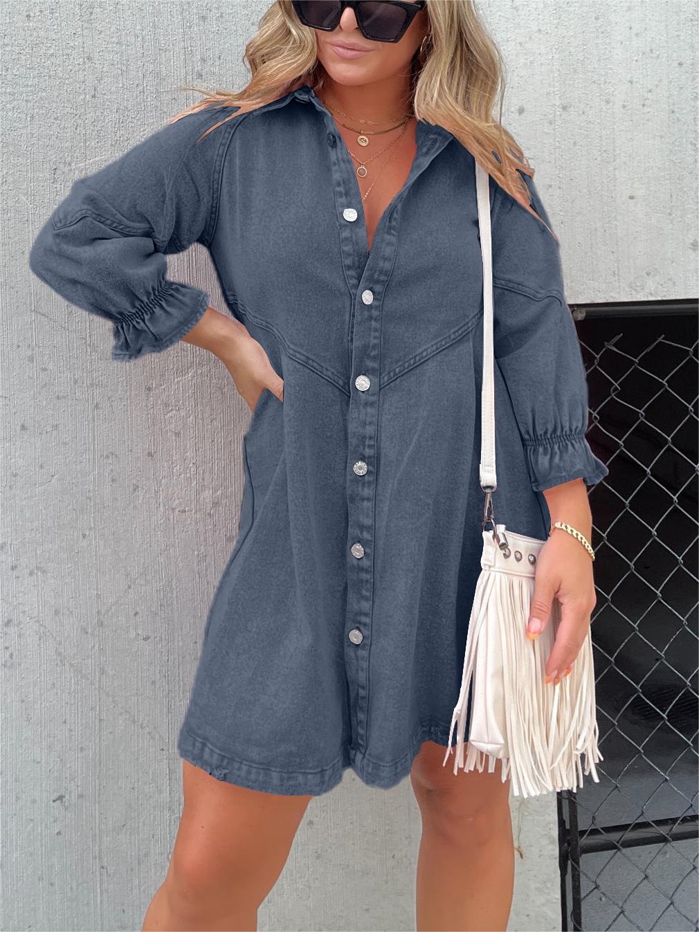 Washed Denim Puff Sleeve Midi Dress