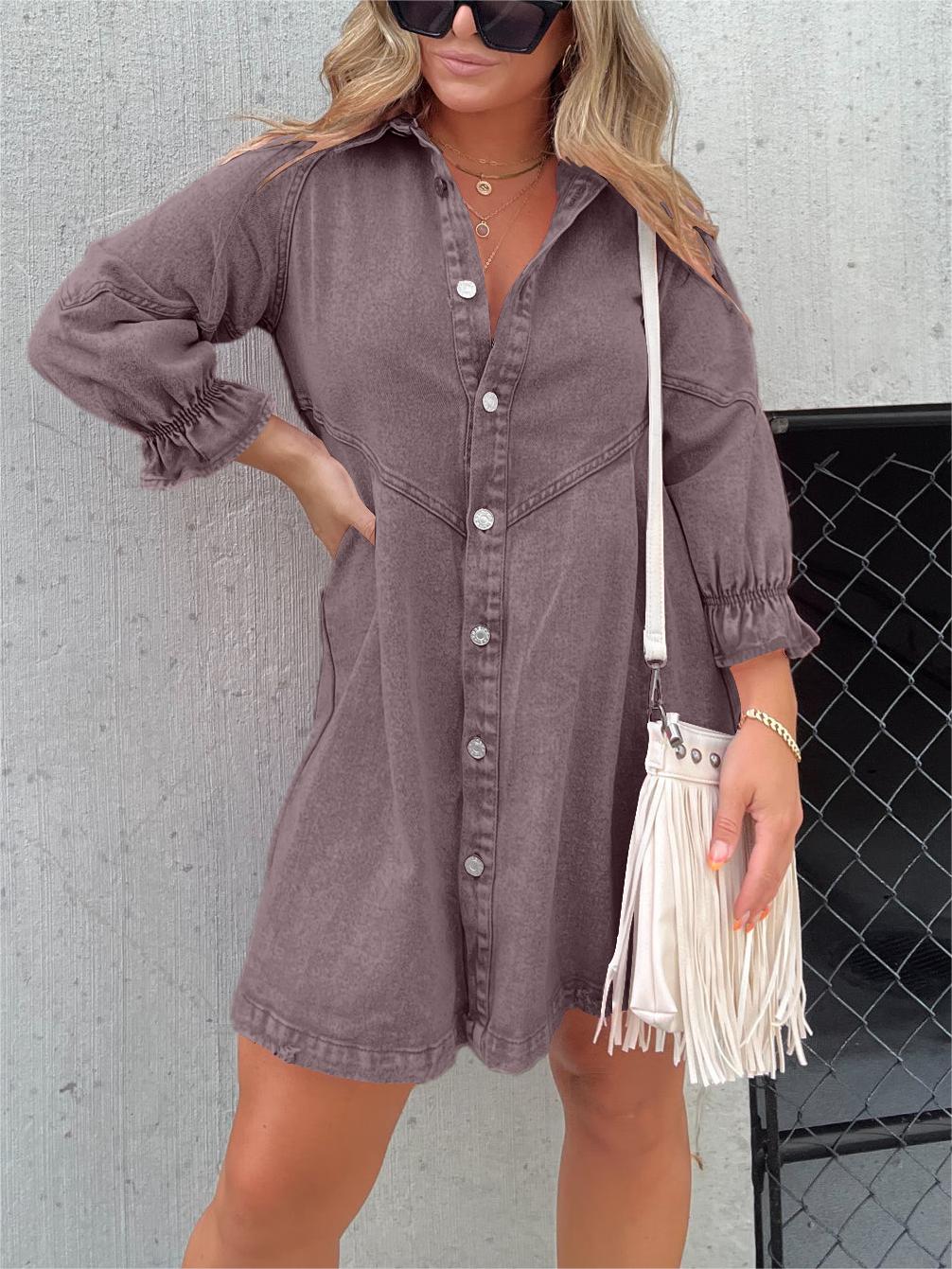 Washed Denim Puff Sleeve Midi Dress