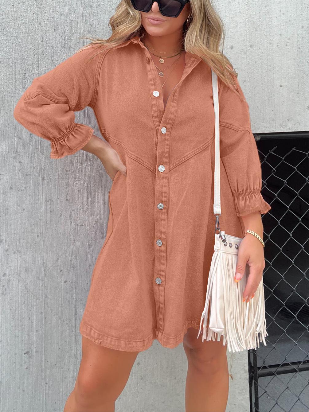 Washed Denim Puff Sleeve Midi Dress