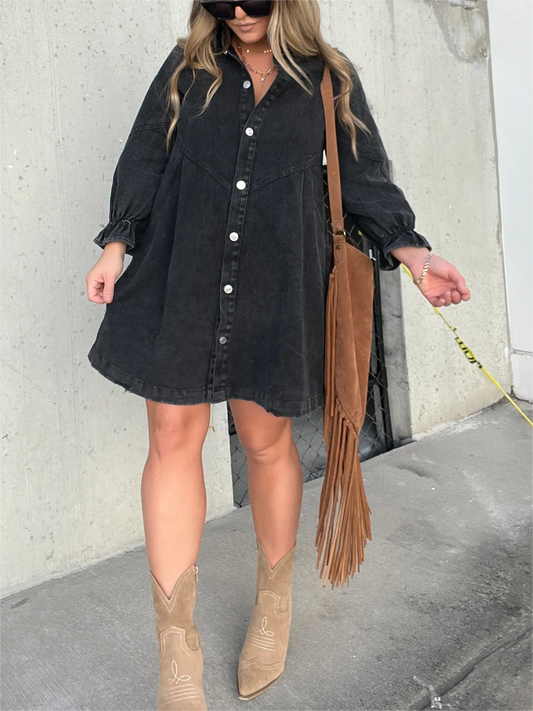 Washed Denim Puff Sleeve Midi Dress