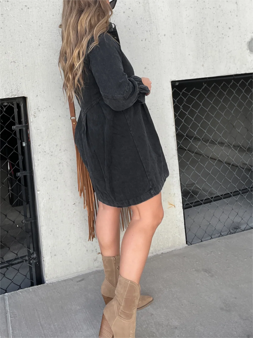 Washed Denim Puff Sleeve Midi Dress