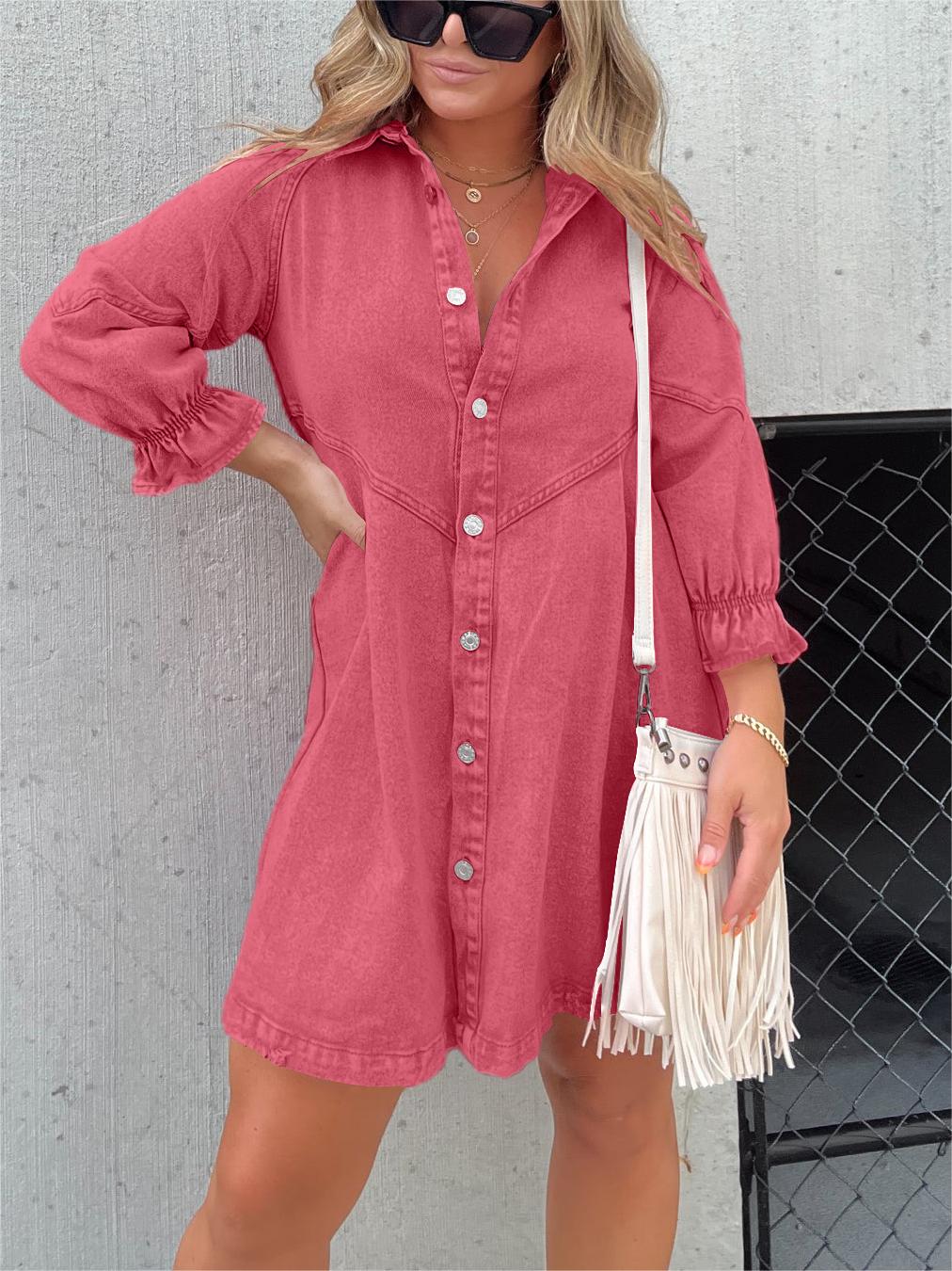 Washed Denim Puff Sleeve Midi Dress