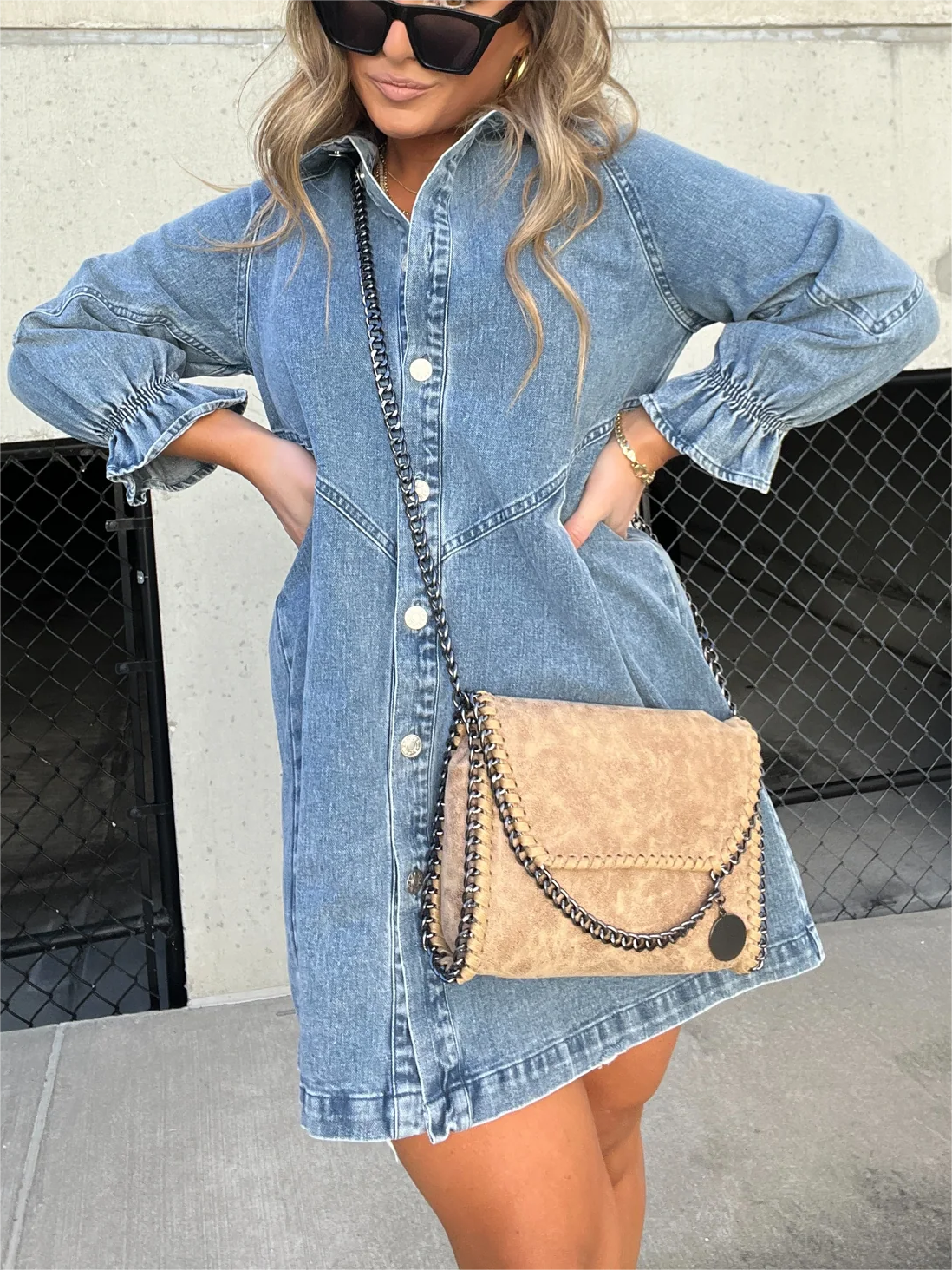 Washed Denim Puff Sleeve Midi Dress