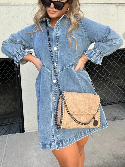 Washed Denim Puff Sleeve Midi Dress