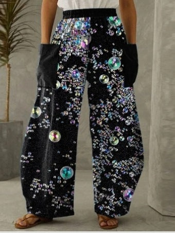 Christmas Bubble Print Black Casual Loose Pants