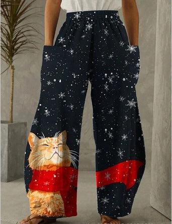 Christmas Cat Print Casual Loose Pants