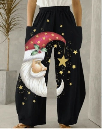 Christmas Moon Old Man Print Black Casual Loose Pants