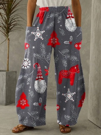 Christmas Printed Gray Casual Loose Pants