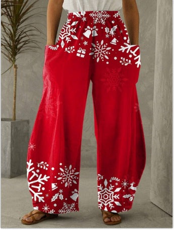 Christmas Printed Red Casual Loose Pants