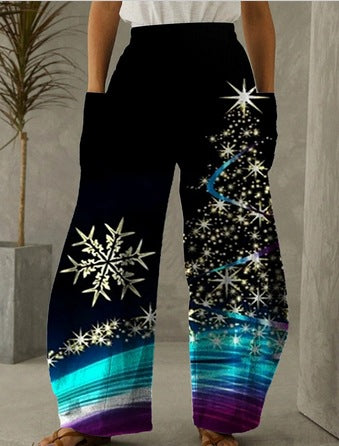 Christmas Snowflake Printed Black Casual Loose Pants