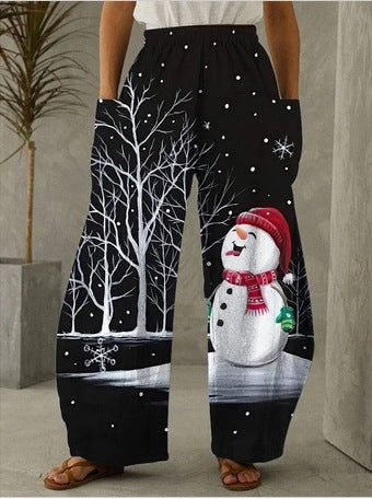 Christmas Snowman Print Casual Loose Pants