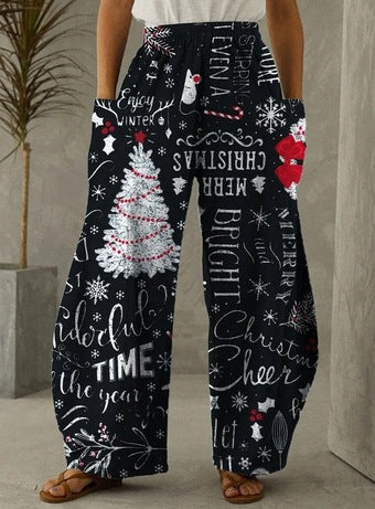 Christmas Tree Letter Print Black Casual Loose Pants