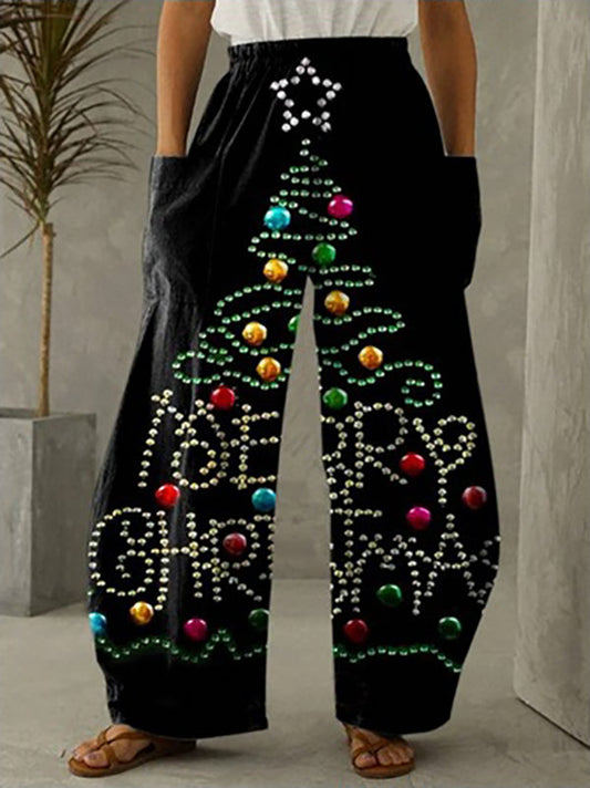 Christmas Tree Printed Black Casual Loose Pants