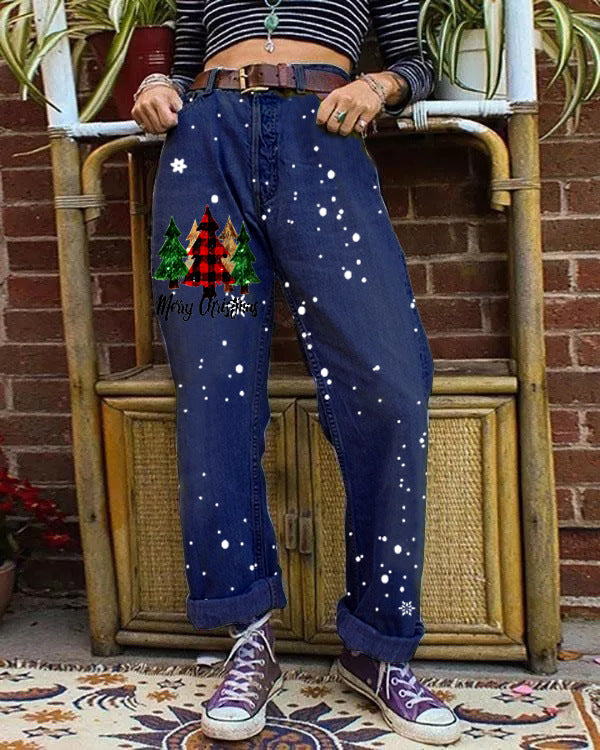 Christmas Tree Printed Denim Wide Leg Pants Denim Pants