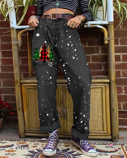 Christmas Tree Printed Denim Wide Leg Pants Denim Pants