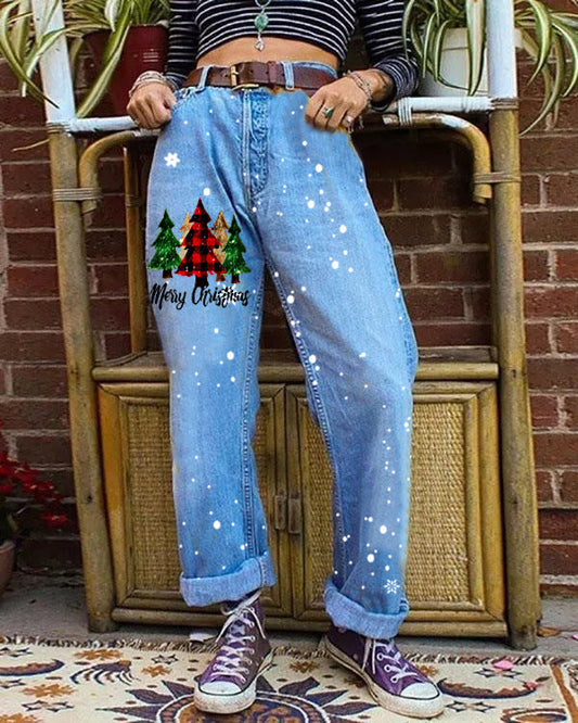 Christmas Tree Printed Denim Wide Leg Pants Denim Pants