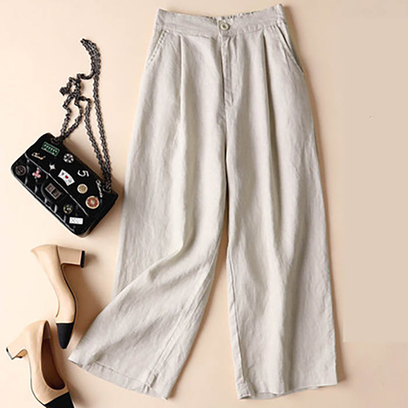 Cotton Linen Loose Plain Wide Leg Trouser