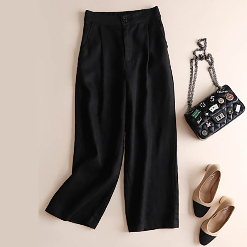 Cotton Linen Loose Plain Wide Leg Trouser