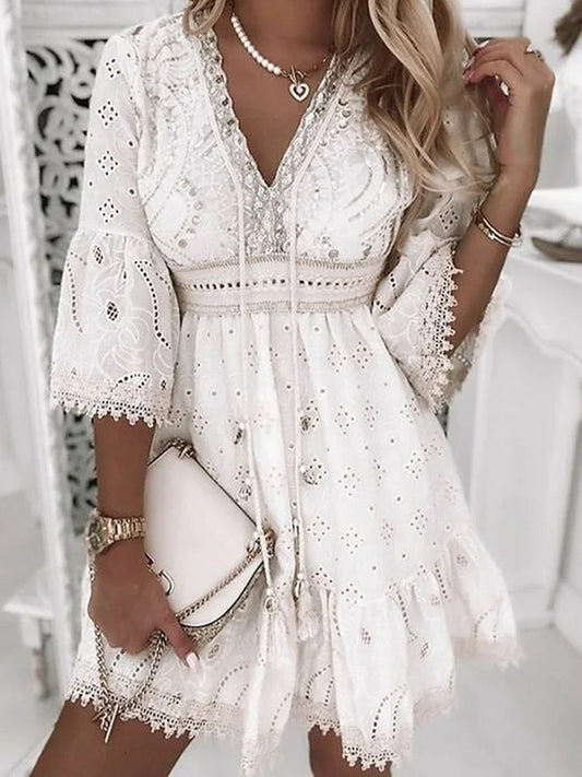 Cutout Fringed Embroidered Midi Dress